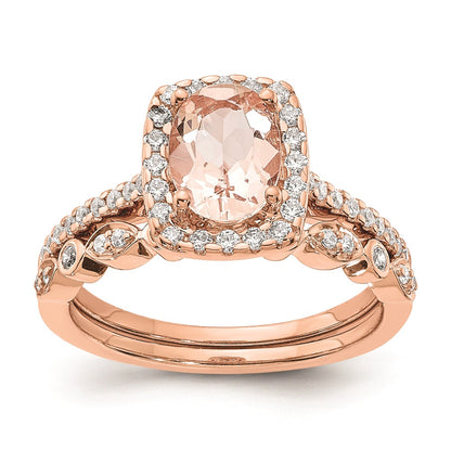 Solid 14k Rose Gold Morganite Simulated CZ Halo Complete Engagement Ring