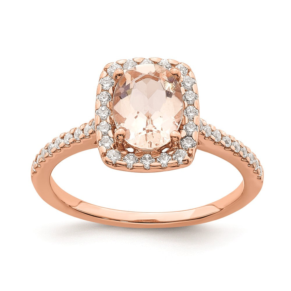 Solid 14k Rose Gold Morganite Simulated CZ Halo Complete Engagement Ring
