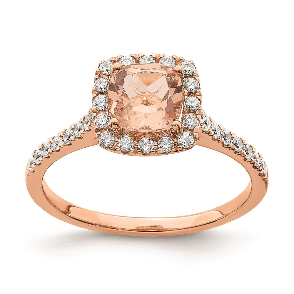 Solid 14k Rose Gold Morganite Simulated CZ Halo Complete Engagement Ring