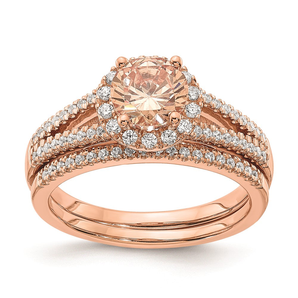 Solid 14k Rose Gold Morganite Simulated CZ Halo Complete Engagement Ring