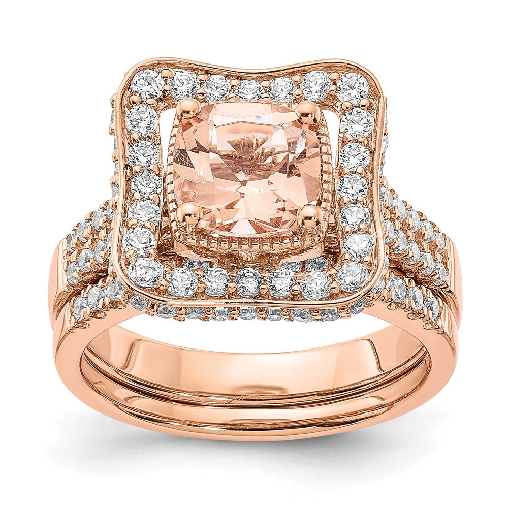 Solid 14k Rose Gold Morganite Simulated CZ Halo Engagement Ring