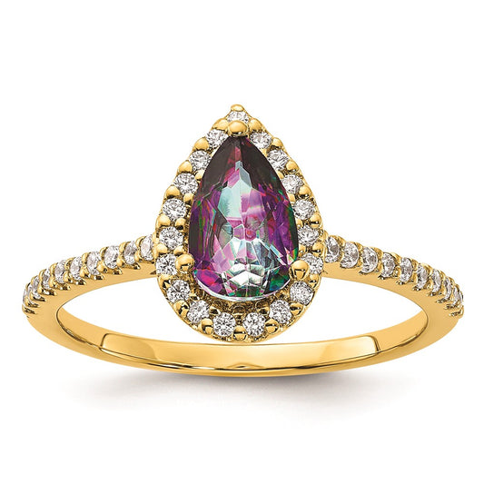 Solid 14k Yellow Gold Mystic Fire Simulated CZ Halo Complete Engagement Ring