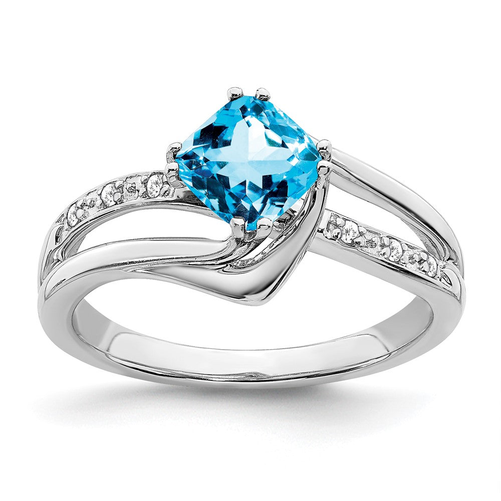 14k White Gold Blue Topaz and Real Diamond Ring