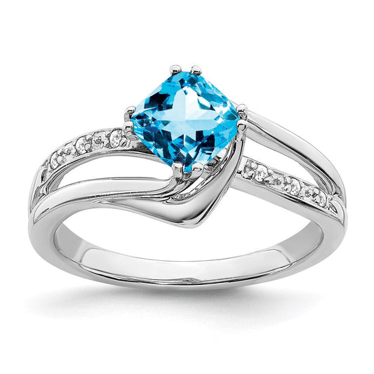 14k White Gold Blue Topaz and Real Diamond Ring