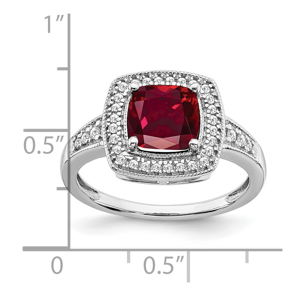 14k White Gold Cushion Created Ruby and Real Diamond Halo Ring