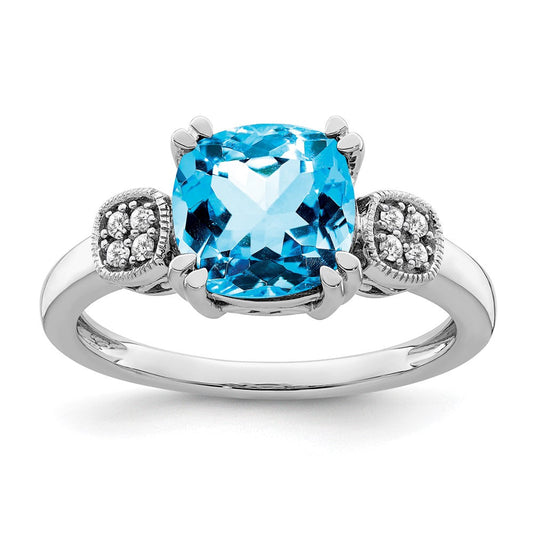 14k White Gold Blue Topaz and Real Diamond Ring