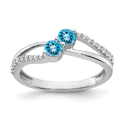 14k White Gold Blue Topaz and Real Diamond 2-stone Ring