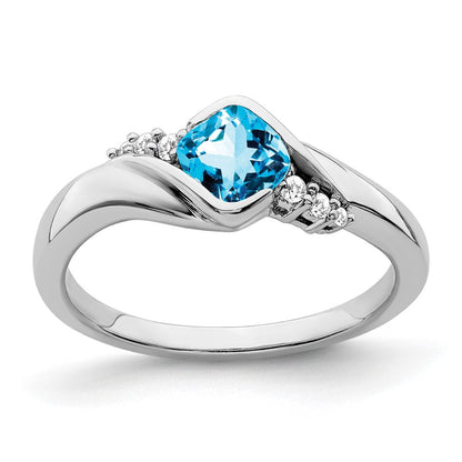 14k White Gold Blue Topaz and Real Diamond Ring