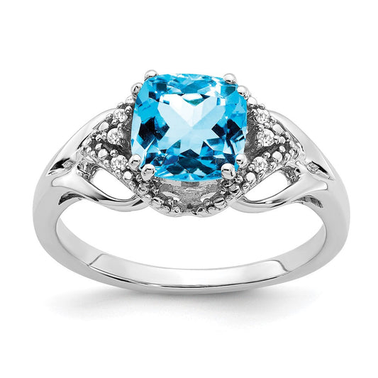 14k White Gold Blue Topaz and Real Diamond Ring