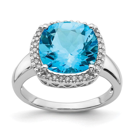 14k White Gold Blue Topaz and Real Diamond Ring