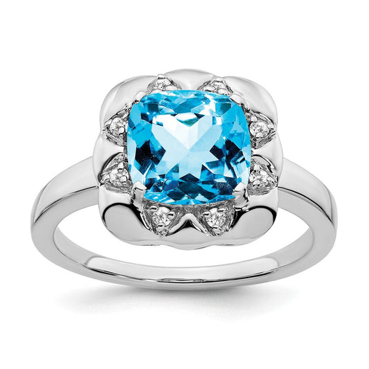14k White Gold Blue Topaz and Real Diamond Ring
