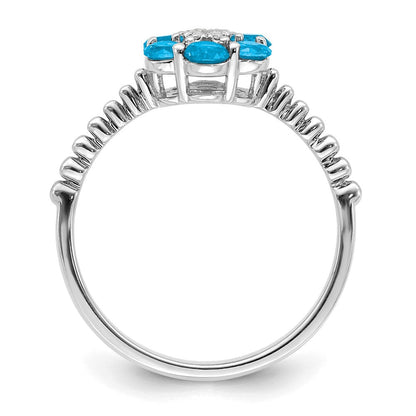 14k White Gold Blue Topaz and Real Diamond Floral Ring