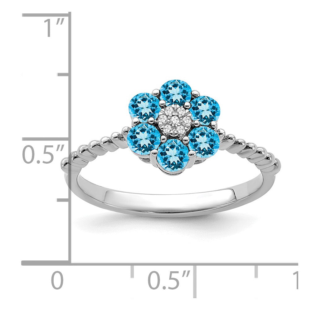 14k White Gold Blue Topaz and Real Diamond Floral Ring