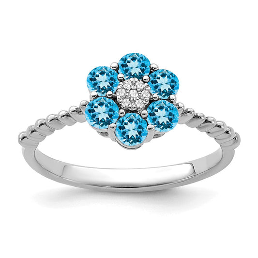 14k White Gold Blue Topaz and Real Diamond Floral Ring