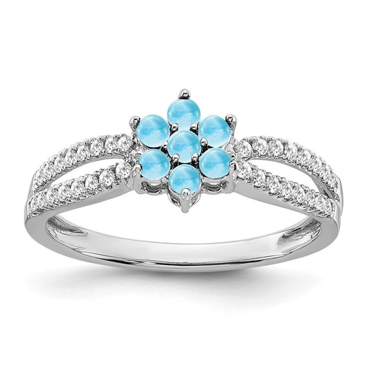 14k White Gold Blue Topaz and Real Diamond Floral Ring