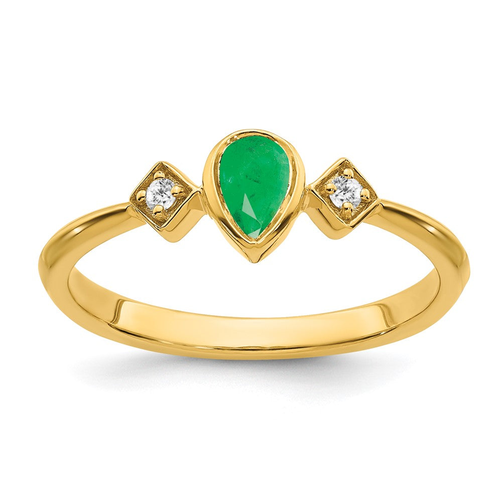 14K Yellow Gold Pear Bezel Emerald and Real Diamond Ring