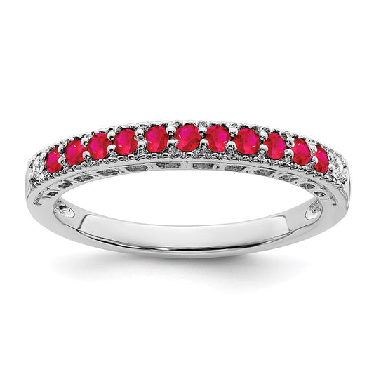 Solid 14k White Gold Simulated Ruby and CZ Band