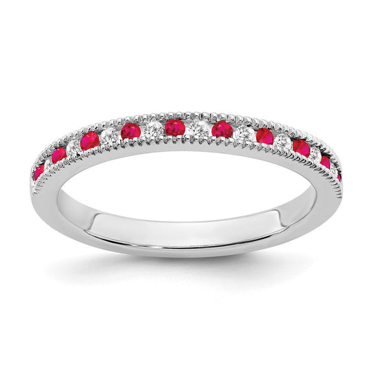Solid 14k White Gold Simulated Ruby and CZ Band