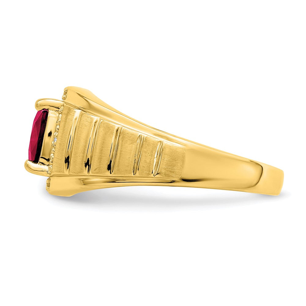 14K Yellow Gold Cushion Created Ruby and Real Diamond Mens Ring