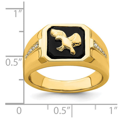 14K Yellow Gold Onyx and Real Diamond Eagle Mens Ring