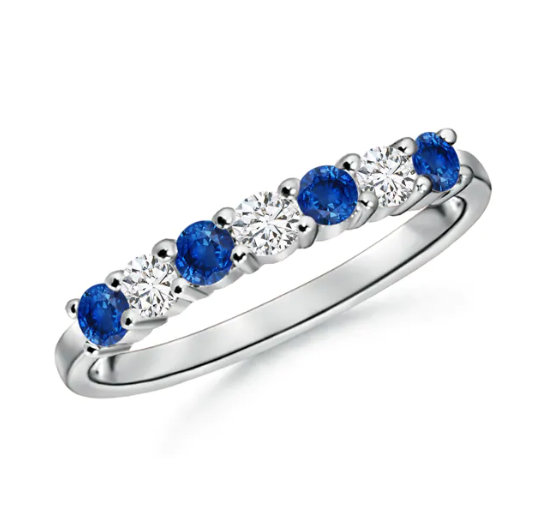 Created Blue Sapphire u0026 CZ Half-Eternity Anniversary Wedding Band Ring in 14K White Gold