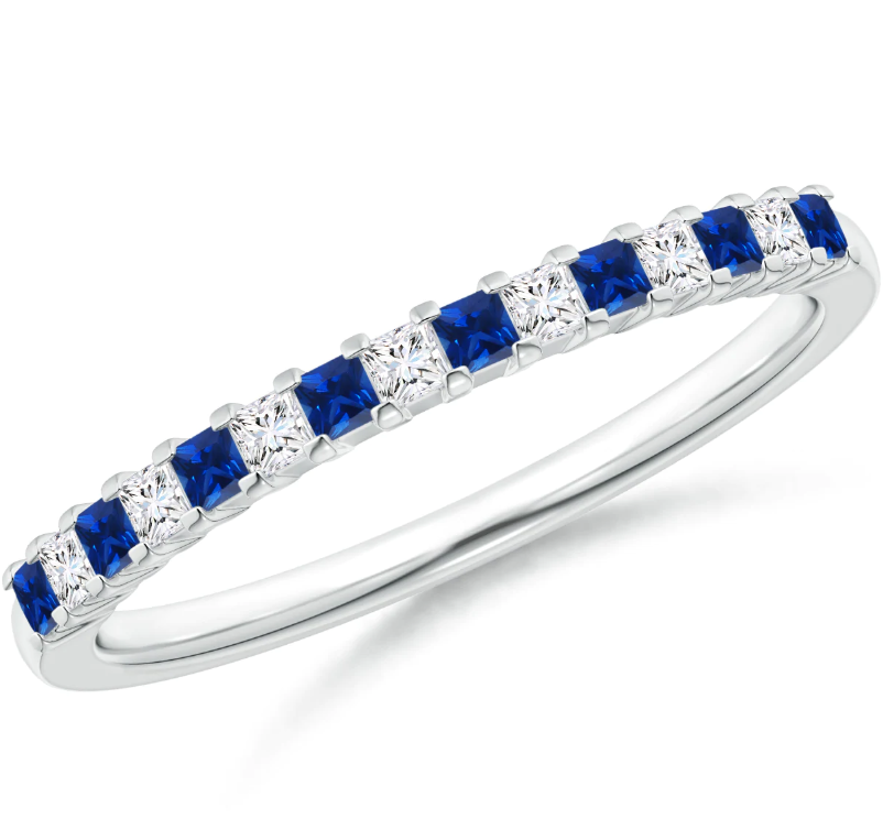 Princess Cut Natural Blue Sapphire u0026 Diamonds Half Eternity Wedding Band in 14K White Gold