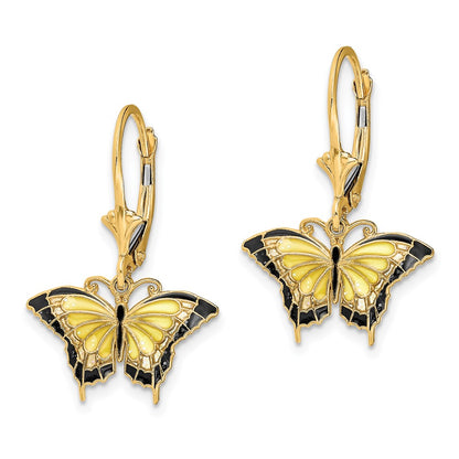 14k Yellow Gold Butterfly w/ Yellow Enameled Wings Leverback Earrings