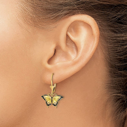 14k Yellow Gold Butterfly w/ Yellow Enameled Wings Leverback Earrings