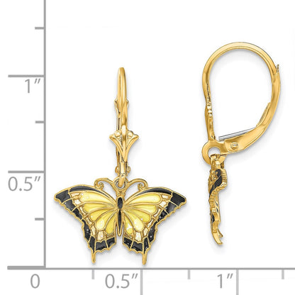 14k Yellow Gold Butterfly w/ Yellow Enameled Wings Leverback Earrings