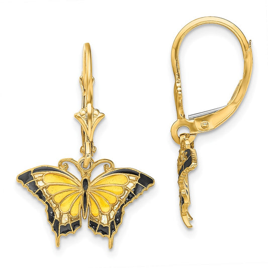 14k Yellow Gold Butterfly w/ Yellow Enameled Wings Leverback Earrings