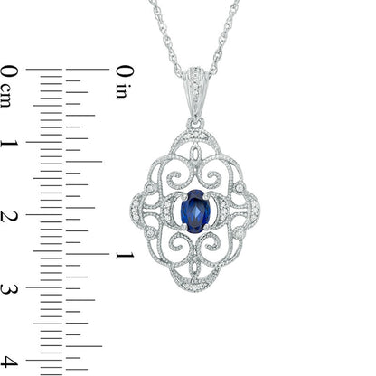 Oval Lab-Created Blue Sapphire and Diamond Accent Antique Vintage-Style Scroll Pendant in Sterling Silver