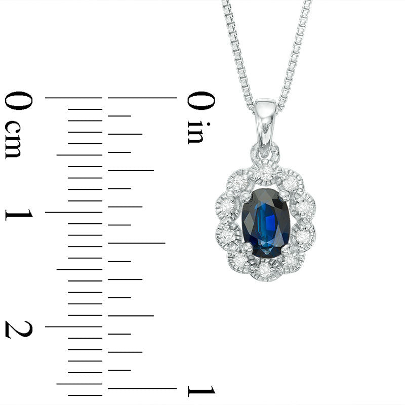 Oval Blue Sapphire and Natural Diamond Accent Frame Antique Vintage-Style Pendant in Sterling Silver