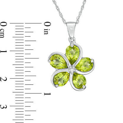 Pear-Shaped Peridot and Natural Diamond Accent Flower Pendant in Sterling Silver