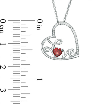 4.0mm Heart-Shaped Garnet and Natural Diamond Accent Tilted "LOVE" Pendant in Sterling Silver