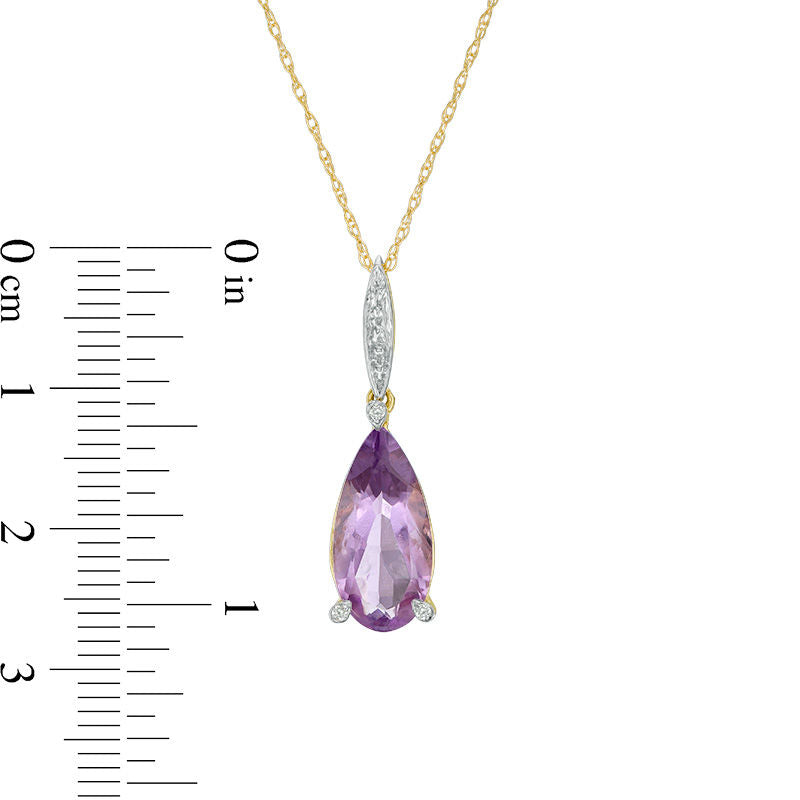 Pear-Shaped Rose de France Amethyst and Natural Diamond Accent Drop Pendant in 10K Yellow Gold