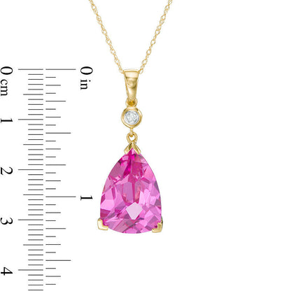 Trillion-Cut Lab-Created Pink Sapphire and Diamond Accent Drop Pendant in 10K Yellow Gold