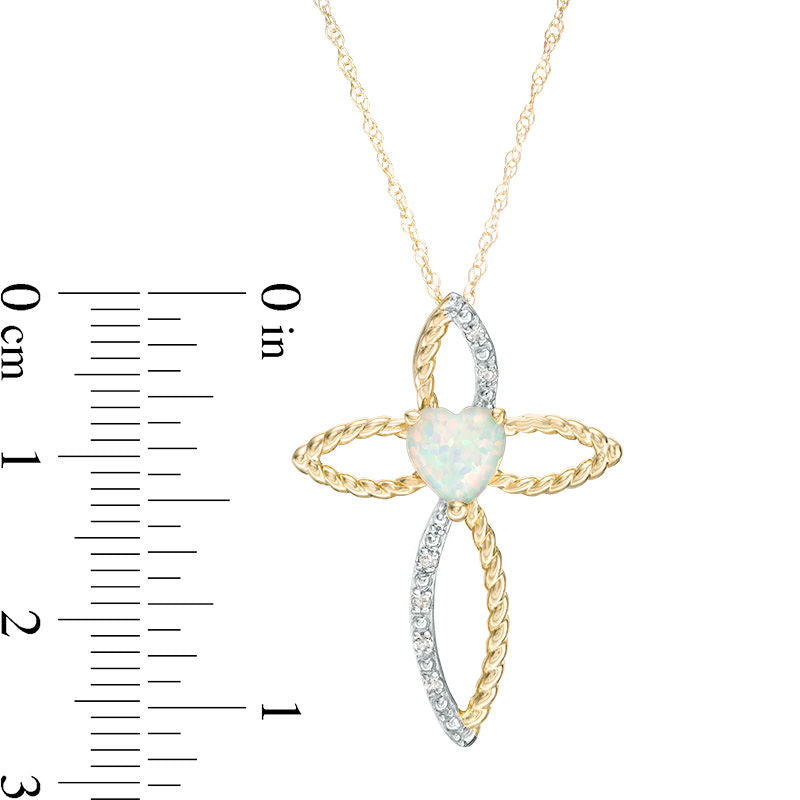 6.0mm Heart-Shaped Lab-Created Opal and Diamond Accent Cross Pendant in 10K Yellow Gold