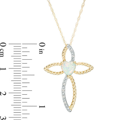 6.0mm Heart-Shaped Lab-Created Opal and Diamond Accent Cross Pendant in 10K Yellow Gold