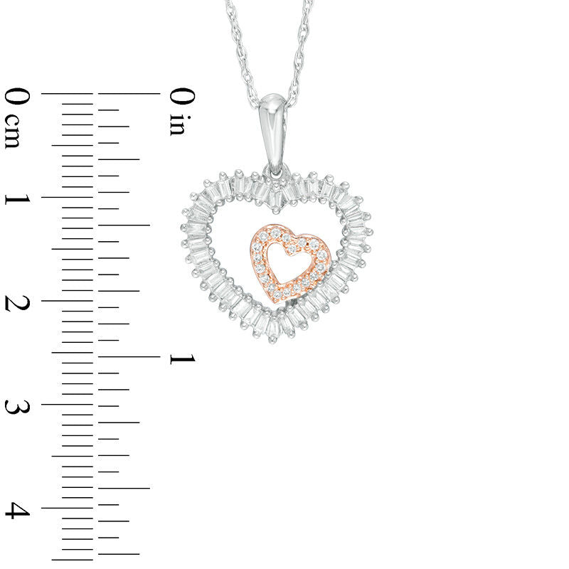0.2 CT. T.W. Baguette and Round Natural Diamond Double Heart Pendant in 10K White Gold and 18K Rose Gold Plate