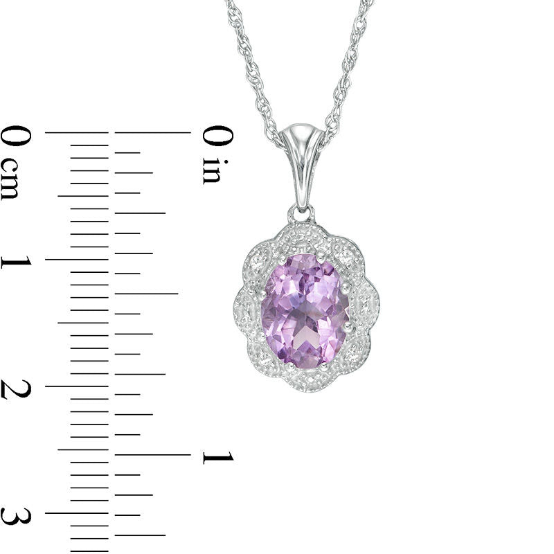 Oval Amethyst and Natural Diamond Accent Flower Frame Antique Vintage-Style Pendant in Sterling Silver