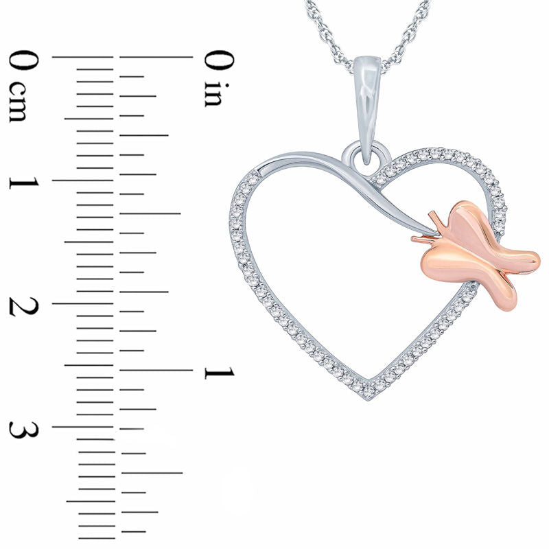 0.07 CT. T.W. Natural Diamond Butterfly Heart Pendant in Sterling Silver and 10K Rose Gold