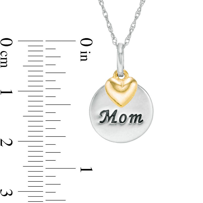 Mom Round Disc Pendant with Puffed Heart Charm in 10K Two-Tone Gold