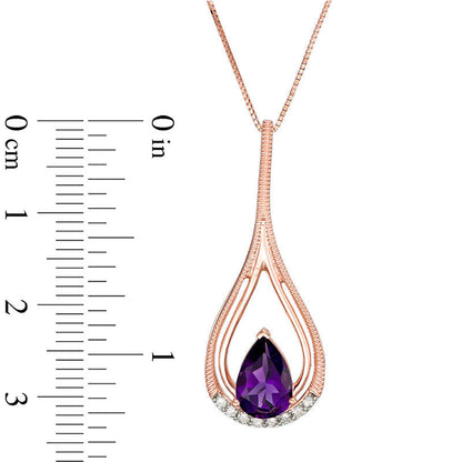 Pear-Shaped Amethyst and 0.07 CT. T.W. Natural Diamond Textured Double Frame Teardrop Pendant in 10K Rose Gold