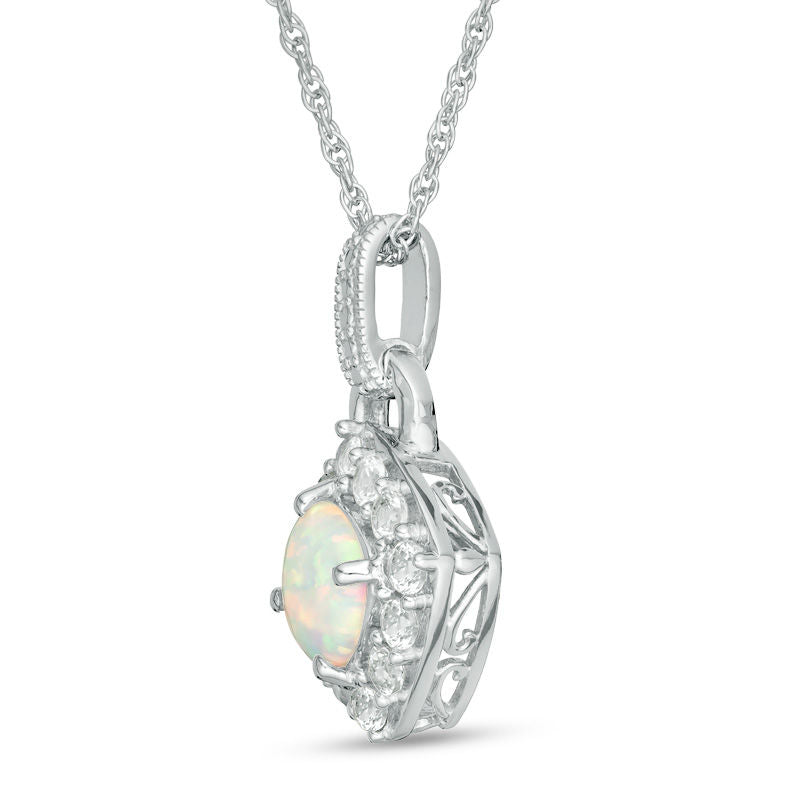 6.0mm Cushion-Cut Lab-Created Opal and White Sapphire Frame Antique Vintage-Style Doorknocker Pendant in Sterling Silver