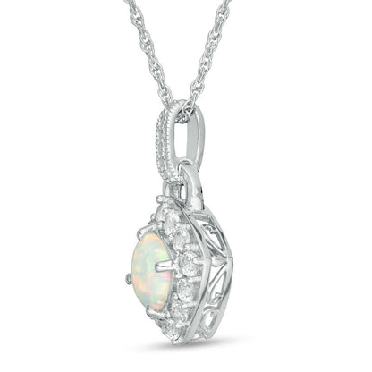 6.0mm Cushion-Cut Lab-Created Opal and White Sapphire Frame Antique Vintage-Style Doorknocker Pendant in Sterling Silver