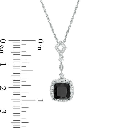 Cushion-Cut Lab-Created Black Sapphire and 0.1 CT. T.W. Diamond Frame Antique Vintage-Style Drop Pendant in Sterling Silver
