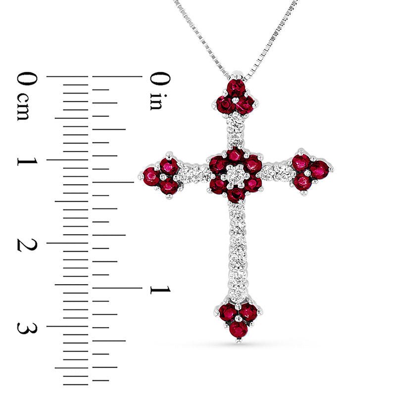 Ruby and 0.33 CT. T.W. Natural Diamond Floral Cross Pendant in 14K White Gold