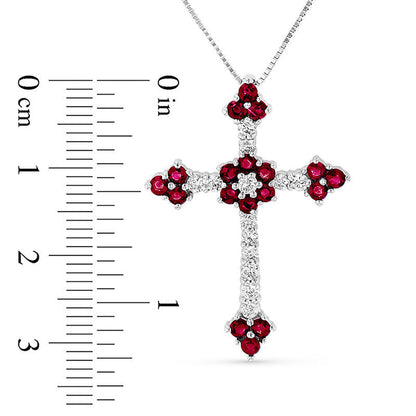 Ruby and 0.33 CT. T.W. Natural Diamond Floral Cross Pendant in 14K White Gold
