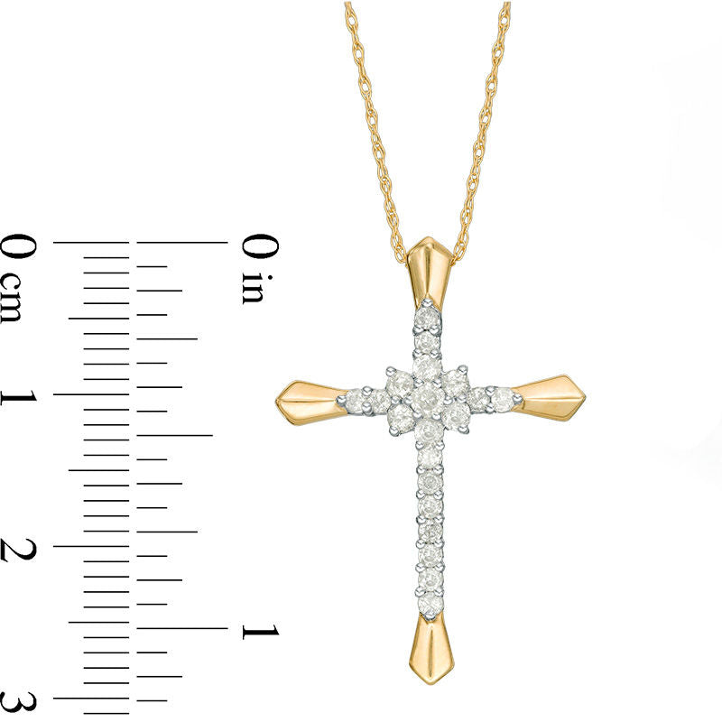 0.38 CT. T.W. Natural Diamond Flower Cluster Cross Pendant in 10K Yellow Gold