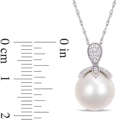 11.0 - 12.0mm Cultured Freshwater Pearl and 0.1 CT. T.W. Natural Diamond Petals Pendant in 10K White Gold - 17"